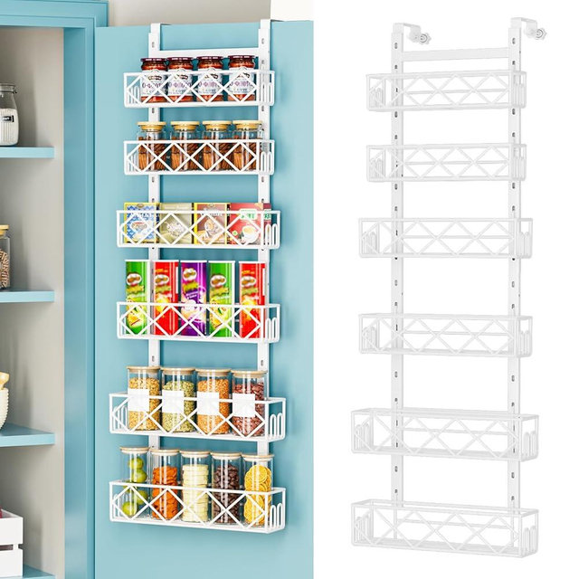Over the Door Pantry Organizer 6-Tier Adjustable Baskets Hanging Spice Door Rack Narrow - 13.1" W x 52.3" H Behind the Door Storage for Kitchen, Bathroom, and Closet Organization-White