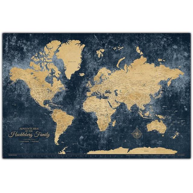 Holy Cow Canvas Personalized Gold & Navy Textured Push Pin World Map on Canvas, Push Pins Included to Track Travels, World Map Pin Board, Best gift for People Who Travel Gift for Traveler