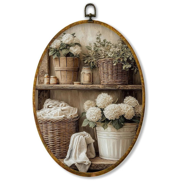 XPH Vintage Hydrangea Floral Laundry Room Oval Wall Art Framed, Rustic Farmhouse Oval Wall Decor, Cottagecore Laundry Basket Hanging Canvas Prints for Washroom Bathroom Decoration, 8.6x11.4 Inch