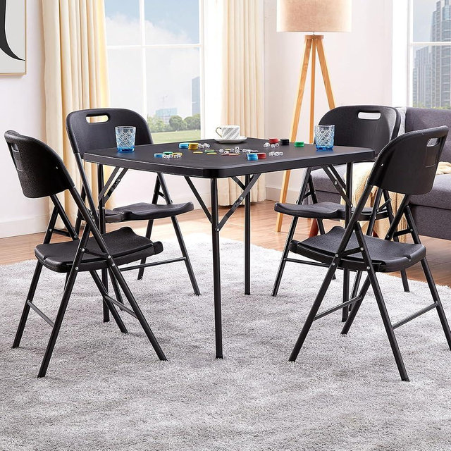 VECELO 5 Piece Folding Card Table Square and Chairs Set, Plastic Tabletop & Seat, Foldable & Portable for Indoor Outdoor Use, Black