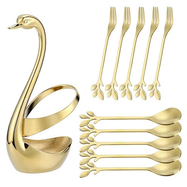 Stainless Steel Gold Creative Dinnerware Set AnSaw - Decorative Swan Base Holder with 5 Forks and 5 Spoons for Coffee, Fruit,Dessert,Stirring, Mixing, Sugar, Stir, Ice Cream, Cake, Teaspoon (Gold)