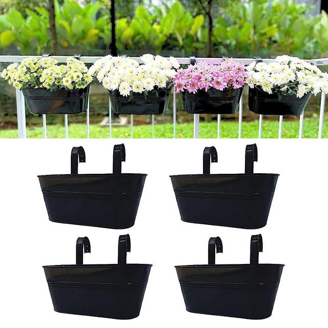 LaLaGreen Outdoor Rail Planter - 4 Pack, 11 Inch Black Metal Iron Hanging Flower Pots Deck Railings Fence Buckets Modern Countryside Boho Style Wall Mount Window Box Plant Holder Hooks Porch Decor