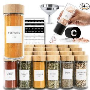 SAVVY & SORTED Glass Spice Jars with Label, 24PK Round Bamboo Jar Spices Set 4oz, 374 Spice Labels, Pepper Grinder, Empty Herb Seasoning Containers, Funnel and Shaker Lids