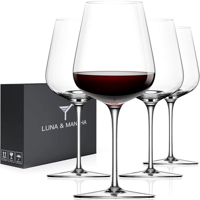 LUNA & MANTHA Red Wine Glasses Set of 4, Crystal Wine Glasses Hand Blown-17oz,Modern Wine Glasses with Stem,Perfect for Red & White- Gift Packaging for Daily Use, Wedding, Birthday