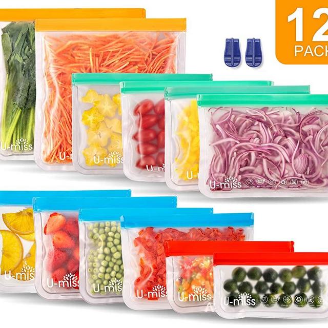 12 Pack Reusable Storage Bags (2 Gallon Bags + 4 lunch Bags + 4 Sandwich bags + 2 Snack Bags), BPA -Free & Freezer Bags, Leakproof Storage Bag for Food, Travel, Home Organization