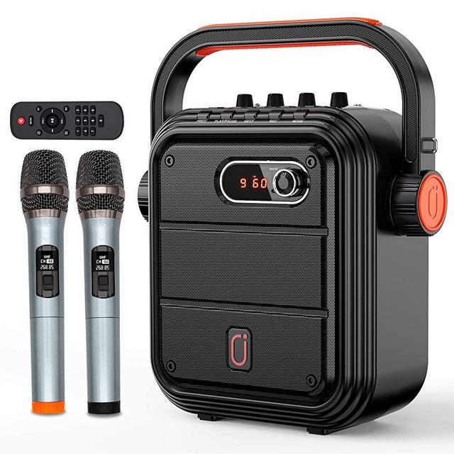 JYX Karaoke Machine with Two Wireless Microphones, Portable Bluetooth Speaker with Shoulder Strap, HD Sound PA System Support TWS, Radio, AUX In, REC, Bass&Treble for Outdoor Party/Meeting