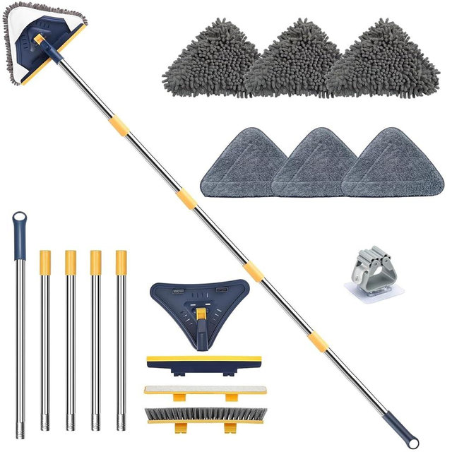 Wall Cleaner Mop with Long Handle, 5-in-1 Walls Cleaner Mops with 6 Replacement Microfiber Chenille Pads, Squeegee, Scrubber for Painted Walls, Window, Floor, Baseboards