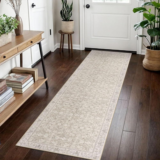 SIILOOM 2x7 Washable Runner Rug for Hallways, Cream Beige White Grey Soft Classic Kitchen Rugs with Non-Slip, Non-Shedding Distressed Floral Rug for Hallway Entryway Bedroom Bathroom Laundry Indoor