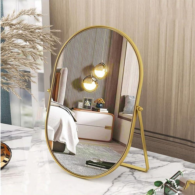 Numjeg Vanity Desk Table Mirror Oval Makeup Mirror 90°Adjustable Rotation Golden Metal Framed Standing Mirrors Room Decor for Living Room,Bedroom,Tabletop,Bathroom
