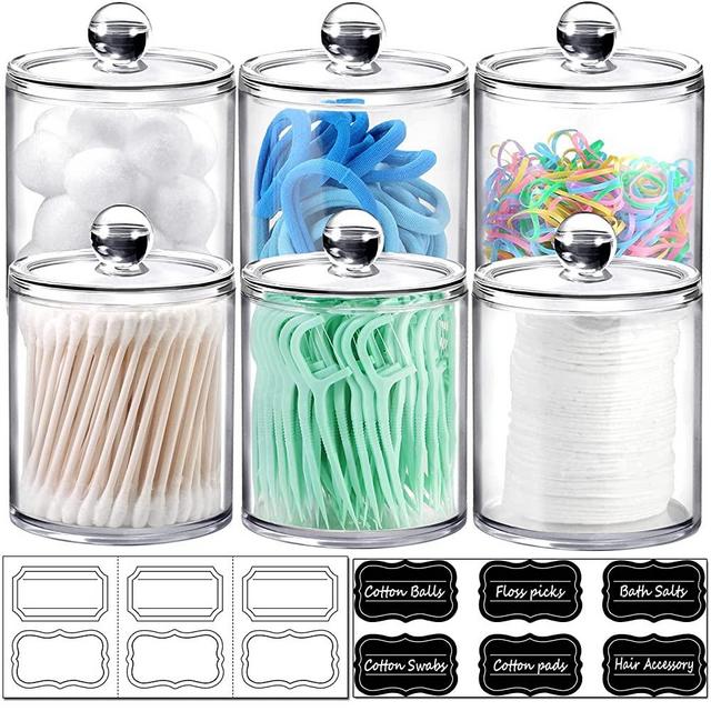 6 Pack of 15 Oz. Qtip Dispenser Apothecary Jars Bathroom with Labels - Qtip Holder Storage Canister Clear Plastic Acrylic Jar for Cotton Ball,Cotton Swab,Cotton Rounds,Floss Picks, Hair Clips (Clear)
