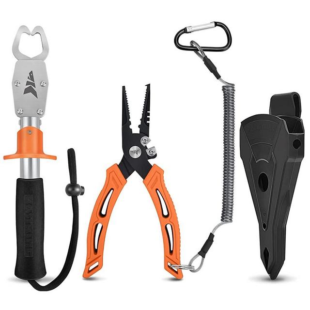 KastKing Fishing Pliers, Fish Lip Gripper Saltwater Resistant Fishing Tools, Fishing Gear with Rubber Handle, Lanyard, Line Cutter Hook Remover with Sheath, Ice Fishing Gear, Fishing Gift for Men