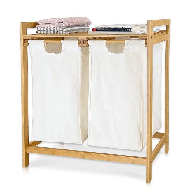 Bellglee Laundry Hamper with Shelf, 2 Sections Wooden Laundry Basket with Sliding Removable Bags, Bamboo Wood Laundry Organizer with Double Compartments, Laundry Sorter with Handles