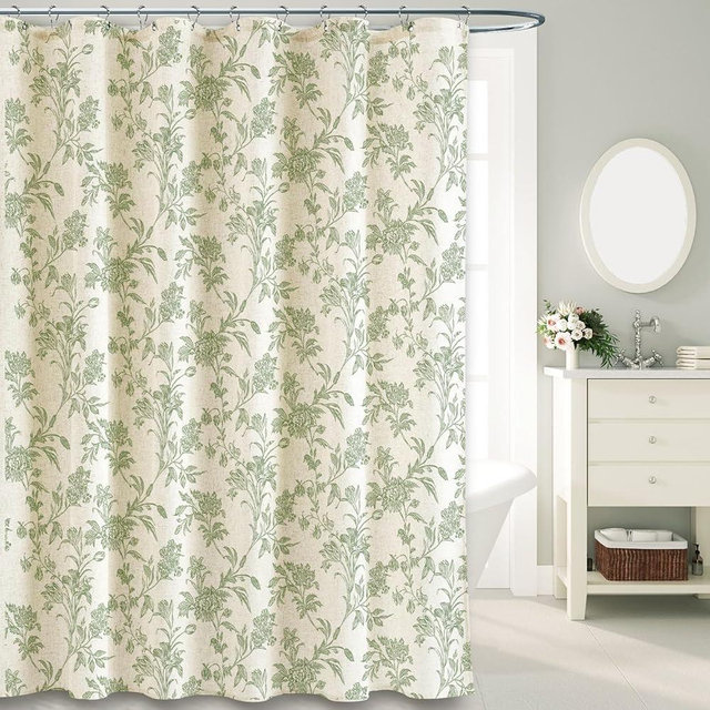Sage Green Shower Curtain Floral Cotton Linen Cottagecore Shower Curtain for Bathroom 72" W x 75" L