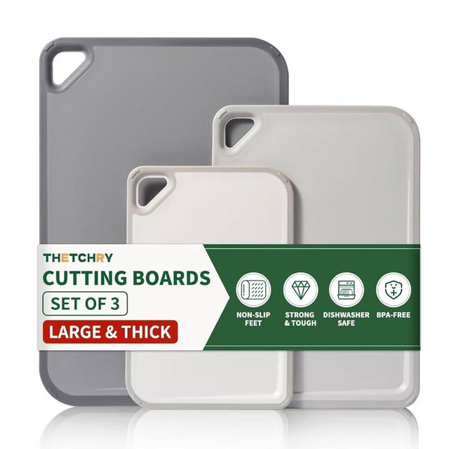 THETCHRY Oversized Durable Cutting Boards for Kitchen- 100% BPA Free Chopping Board Set of 3, Reversible, Large Non Slip Cutting Board Set for cooking, Dishwasher Safe, 18"L x 12"W x 1.2"Th- Gray