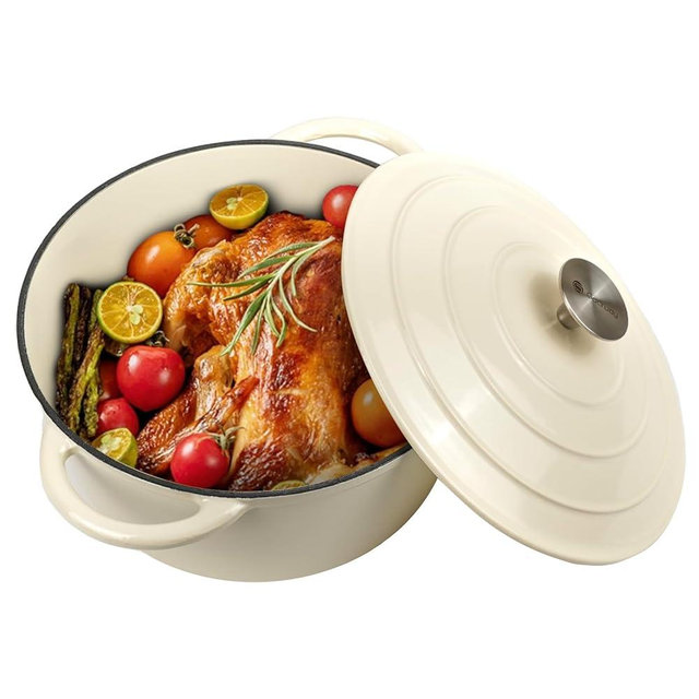 Gacuray 4.5Qt Enameled Cast Iron Dutch Oven Pot with Lidnd Dual Handles Heavy Duty Non-Stick Cream White