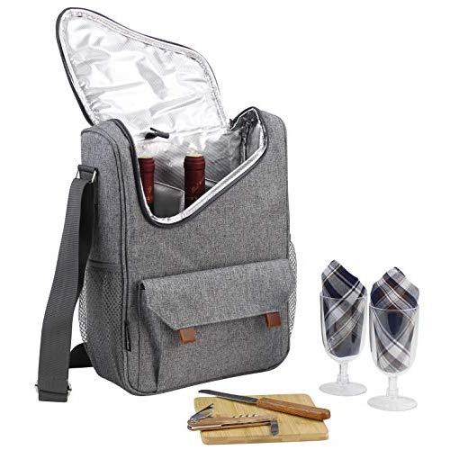 Wine Bottle Carrier 2 Bottle Capacity with Wine Glasses and Cheese Board Set | Highest Quality Wine Bag for Wine Lover Gifts and Picnic | Insulated Wine Tote Bag with Handle and Shoulder Strap