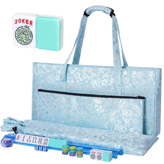TIASUSAN American Mahjong Game Set, 166 Light Green Tiles, Blue Bag with Entire Accessories, 4 All-in-One Rack/Pushers, Mahjong Tiles Set