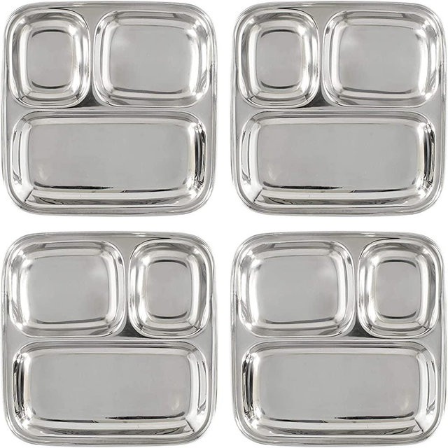 Stainless Steel Divided Plates/Compartment Trays (4-Pack); 9.8 x 8.1 Inches Oblong 3-Section Mini Trays, Great Size for Kids, Portion Control, Camping