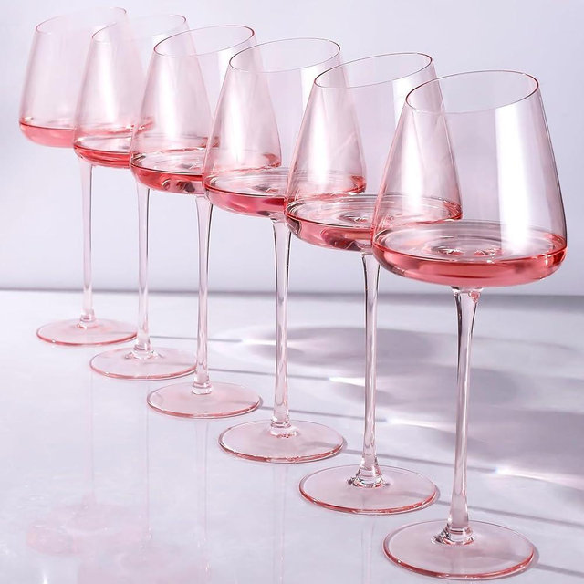 OUHT Slanted Pink Wine Glasses (Set 6)-18oz HandBlown Long Stemmed Crystal Wine Glasses For Girls Women-Pink Glassware Collection for Women Bridal Wedding