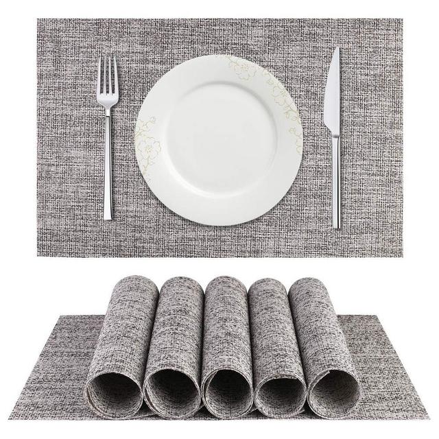 BETEAM Placemats, Heat-Resistant Placemats Stain Resistant Anti-Skid Washable PVC Table Mats Woven Vinyl Placemats, Set of 6(Smoky Gray)
