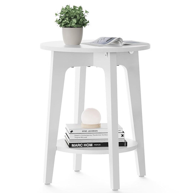 VASAGLE Round Side Table with Lower Shelf, End Table for Small Spaces, Nightstand for Living Room, Bedroom, White ULET283T14, 15.8 x15.8 x 19.7 Inches