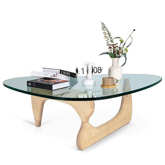 eChamp Noguchi Table Triangle Glass Coffee Table Vintage Glass End Table, Solid Wood Base and Triangle Clear Glass Top Modern End Table for Living Room, Patio, Study (Wood Color)