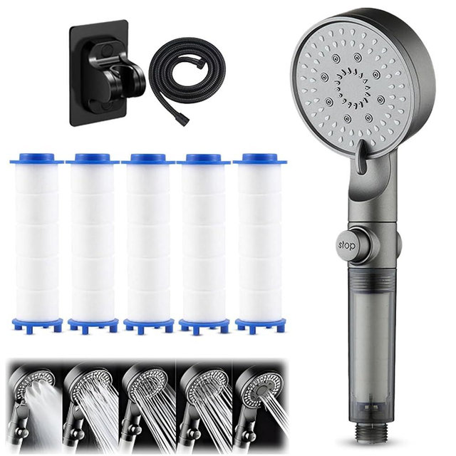 1PC HydroBoost High Pressure 5-Mode Filtered Shower Head, Built-in Power Wash for Hard Water,Handheld Filter Shower Head+5 Filters+1.5m Hose+Base