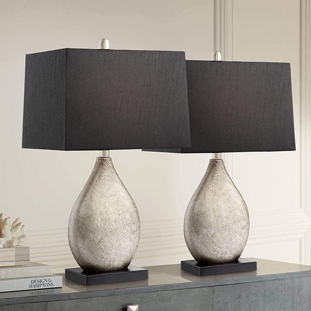 Marco Modern Contemporary Art Deco Style Table Lamps Set of 2 Silver Luxe Metal Black Rectangular Shade Decor for Living Room Bedroom House Bedside Nightstand Home Office Family - Regency Hill