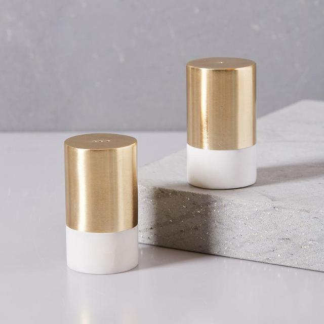 Marble and Brass Salt + Pepper Shakers, Set of 2
