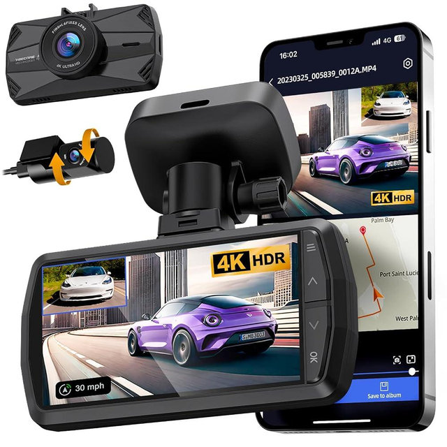 4K Dash Cam Front and Rear, Built-in WiFi GPS, 3" IPS Screen, HDR Night Vision Dash Camera for Cars, G-Sensor App Control, Emergency Lock, Accident Record, Parking Mode, Support 512GB Max