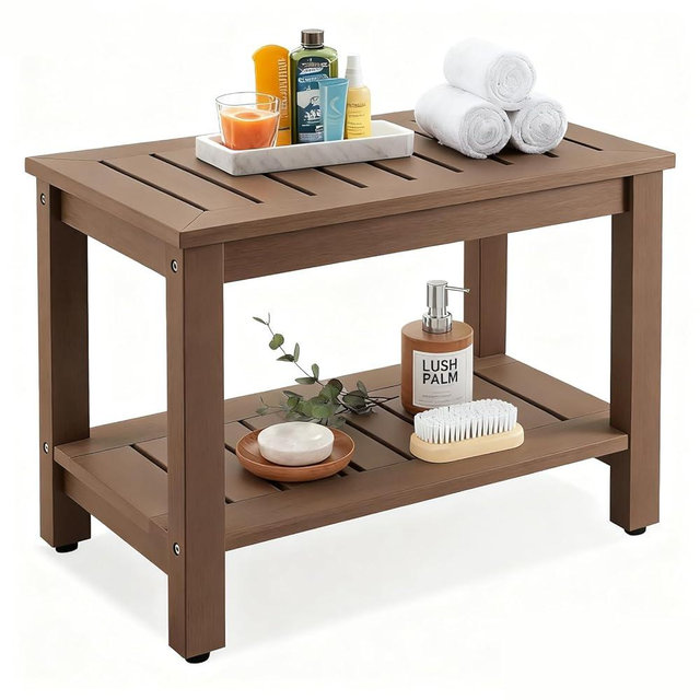 Psilvam 28" Poly Shower Bench for Inside Shower,Waterproof Shower Stool for Shaving Legs,Shower Chair Seat with Storage Shelf, Chair Spa Bath Nail Shave,400 lbs Weight Capacity