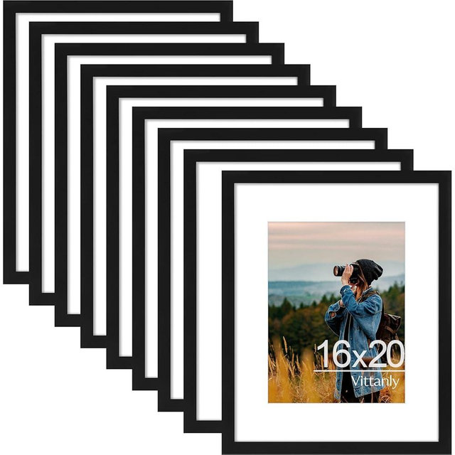 Vittanly 16x20 Picture Frames Set of 9, Shatter Resistant Plexiglass, Display 11x14 Pictures with Mat or 16x20 without Mat, Photo Frames for Wall or Tabletop, PVC Frame, Black