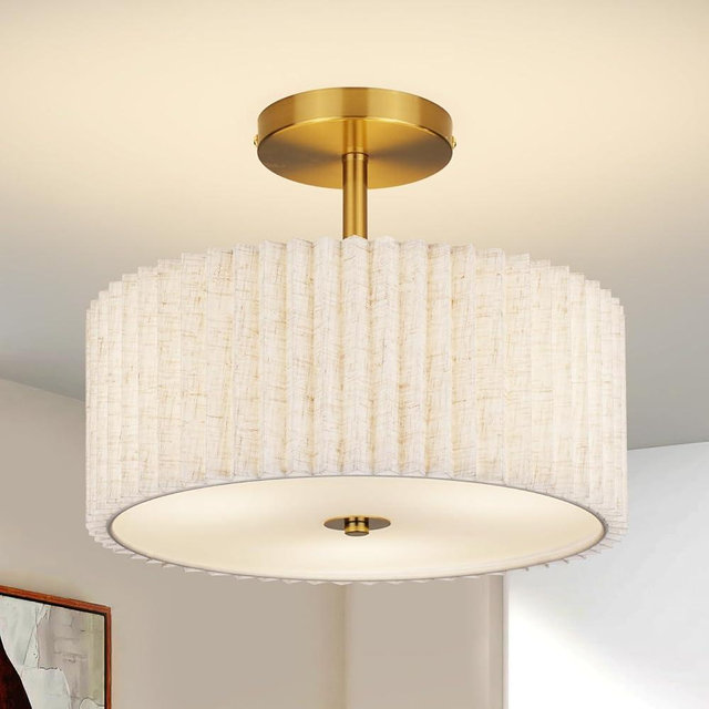 CLARSYNE Mid Century Modern Semi Flush Mount Ceiling Light with Pleated Fabric Shade, 12.5 in Drum Gold Light Fixture with Lights, Beige White Linen Lamp for Bedroom, Living Room, Dining Room, Hallway