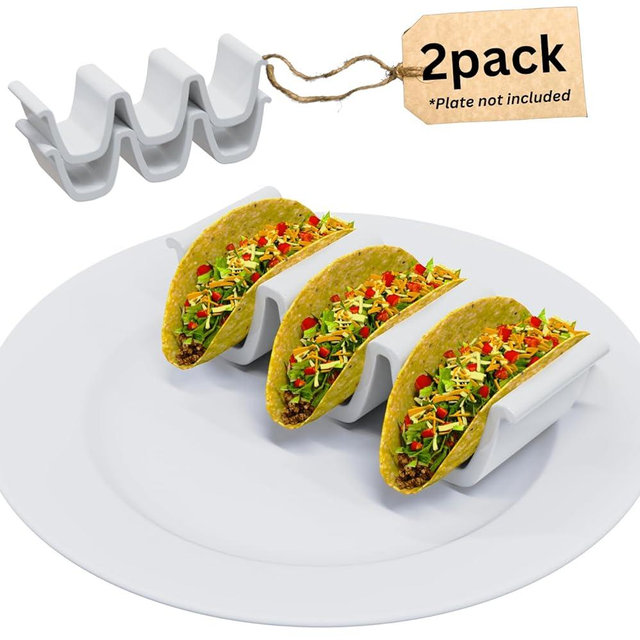 HolaTasty Taco Shell Holder Ceramic, Triple Taco Stand for Plates - Compact Taco Rack 3-Slot for Street/Hard Shell Tacos, Party Taco Server Mini Taco Holder, Taco Heater for Microwave Oven - Set of 2