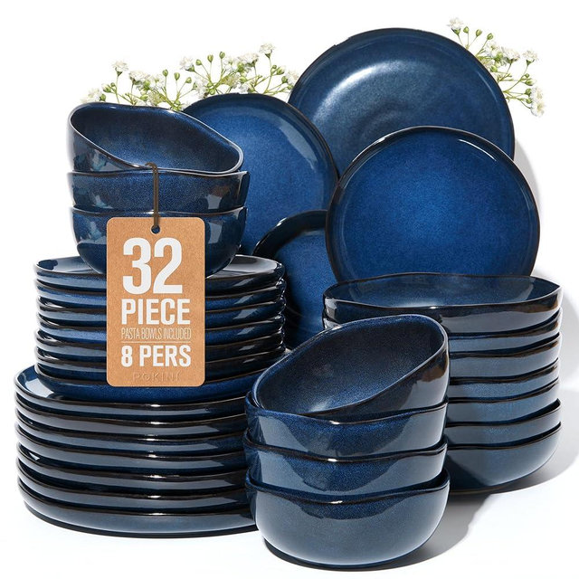 Pokini 32 Piece Starry Blue Dinnerware Set with Pasta Bowls, Coastal Reactive Glaze Stoneware for 8 | Complete Serving Set for Holiday Meals, Multi‑Dish Hosting & Family Celebrations