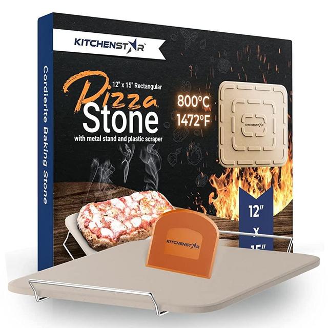 Pizza Stone for Oven and Grill 15x12 inch Square - Rectangular Cordierite Baking Stone Set with Stainless Steel Rack and Plastic Scraper - Durable and High-Quality Stone for Grilling