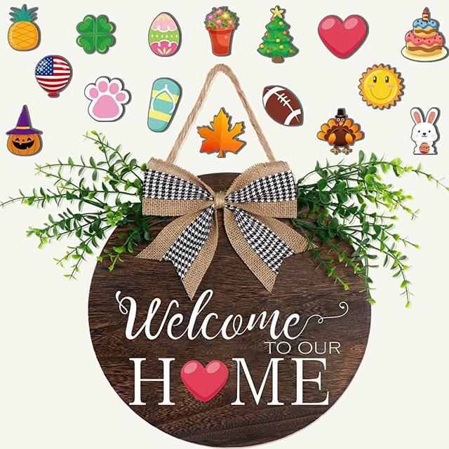 OurWarm Seasonal Welcome Sign Front Door Porch Decor, Interchangeable Rustic Wood Wall Hanging Porch Decorations for Housewarming Gifts, New Year, Christmas, Farmhouse Outdoor Home Decor, 11.8" Round
