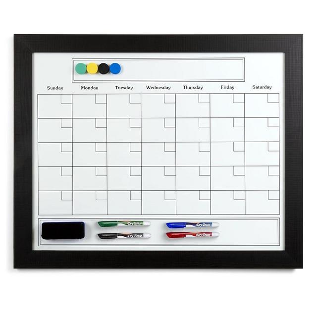 Large Magnetic Dry Erase Whiteboard Calendar with Real Wooden Frame, Large 24" x 30" Size, Wall Mount, Includes 4 Assorted Color Markers, Eraser and 4 Magnets, by Better Office Products (Solid Black)
