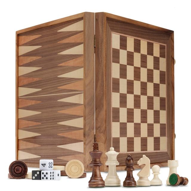 Deluxe 3 in 1 Wooden Backgammon, Chess and Checkers Set
