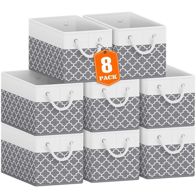 Fab totes Storage Bins [8-Pack], Foldable Storage Baskets for Organizing Toys, Books, Shelves, Closet, Large Storage Box with Rope Handles, Sturdy Organizer Bins,Clover Grey