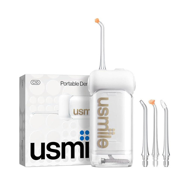 usmile C10 Portable Water Flosser – Travel-Friendly, 95-Day Battery, 4 Modes, 360° Nozzle, 180ml Tank, IPX7 Waterproof, Dentist-Recommended for Braces, Implants & Sensitive Gums (White)