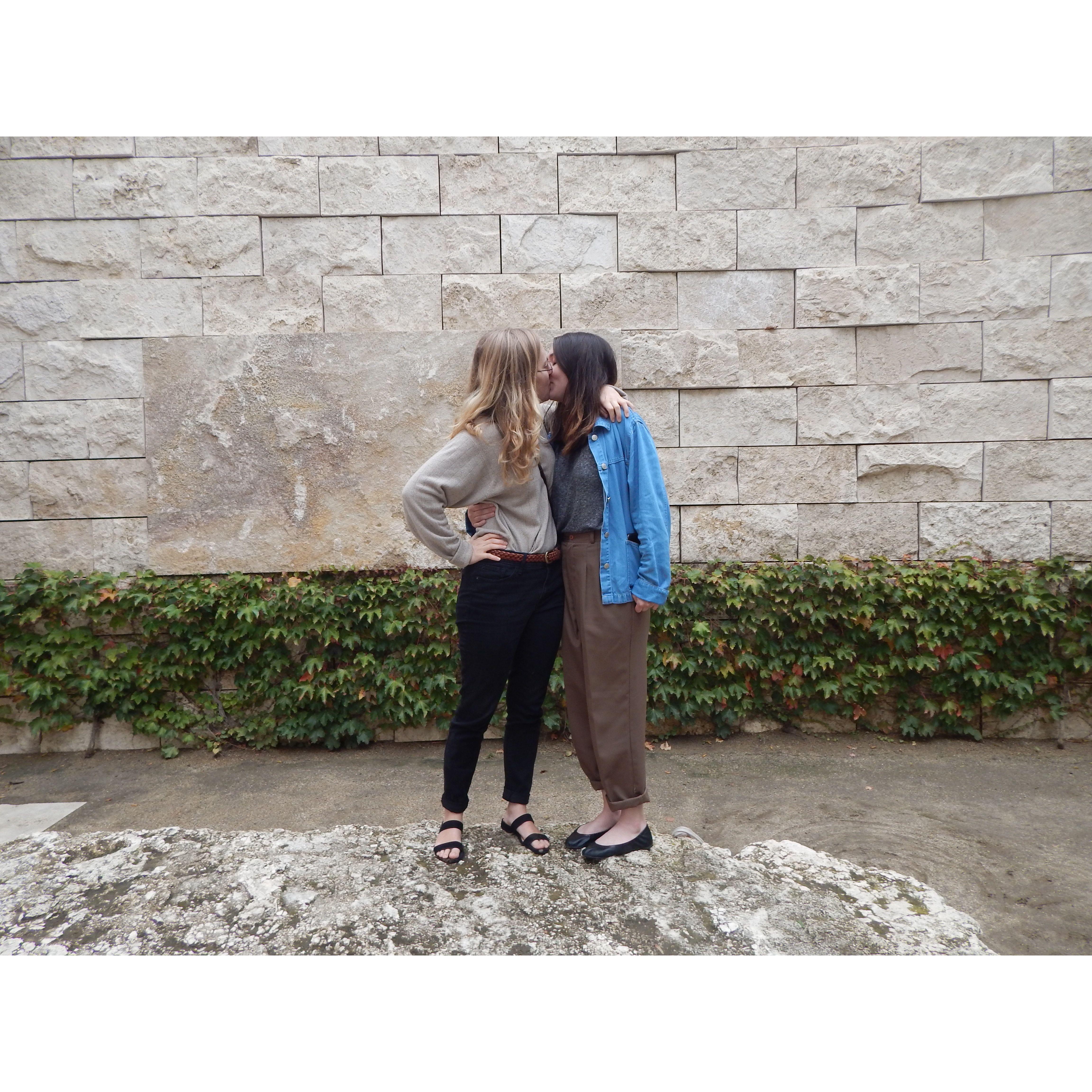 A kiss at the Getty during a trip to LA