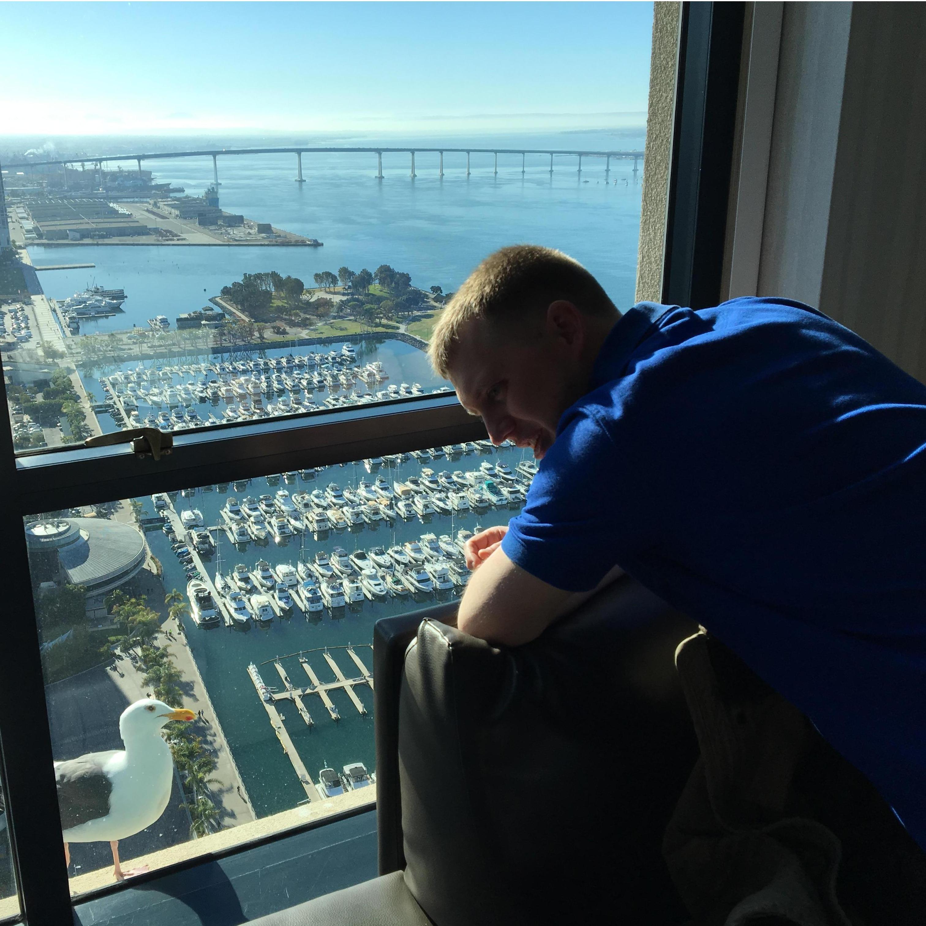 Emerick having a convo with Fred the seagull.