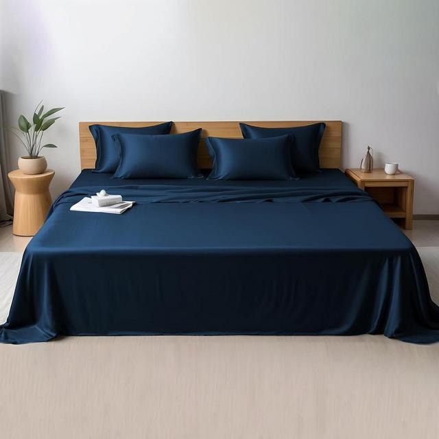Linenwalas Queen Sheets Set, 100% Rayon Derived from Bamboo 4 Piece Bed Sheet Set, Cooling Silky Sheets, Soft, Moisture Wicking, 16” Deep Pocket Sheets (Navy Blue, Queen)