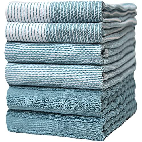 Premium Kitchen Towels (20”x 28”, 6 Pack) – Large Cotton Kitchen Hand Towels – Flat & Terry Towel – Highly Absorbent Tea Towels Set with Hanging Loop – Aqua