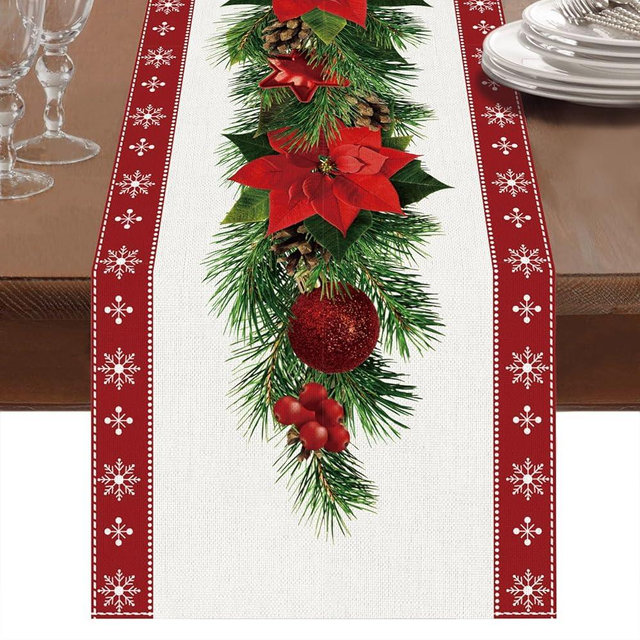 Netnology Watercolor Poinsettia Red Christmas Table Runner with White Snowflake,Seasonal Winter Xmas Party Decoration Holiday Indoor Home Kitchen Decor 13 x 48 Inch