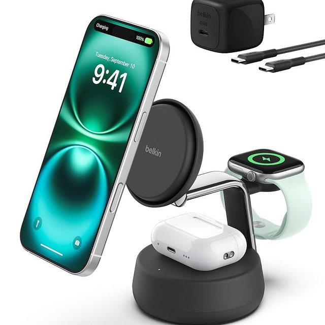 Belkin MagSafe Charger Compatible, 3-in-1 Charging Station, Qi2.2 25W w/Cooling Fan (On/Off Control) Magnetic Wireless Charger for iPhone 17, Apple Watch, AirPods, Pixel 10 (45W Adapter Included)
