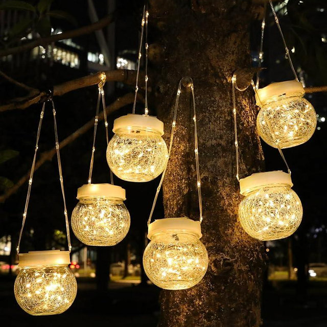 Solar Lantern Solar Lights Outdoor Waterproof 6-Pack, Solar Powered Hanging Lights Cracked Glass Hanging Globes for Christmas Decoration, Shepherd Hook, Garden Tree Ornaments, White Cap, Warm White
