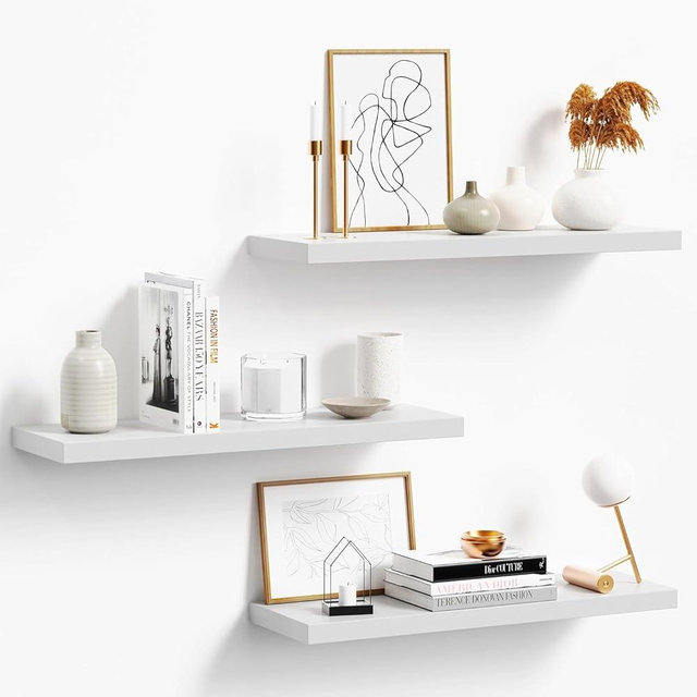 oridom Floating Shelves for Wall, White Wood Wall Shelf Set of 3, 24" Wall Mounted Floating Shelf for Kitchen