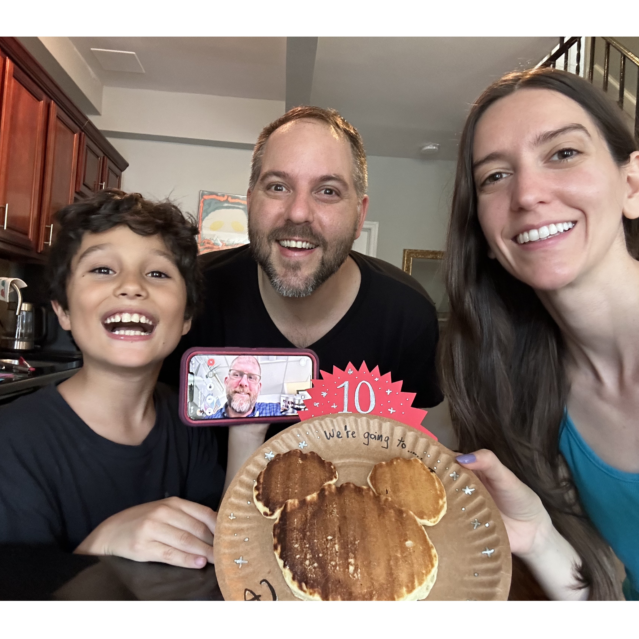 Epic Mickey pancake reveal that we were going to Disney for Oren's 10th birthday.